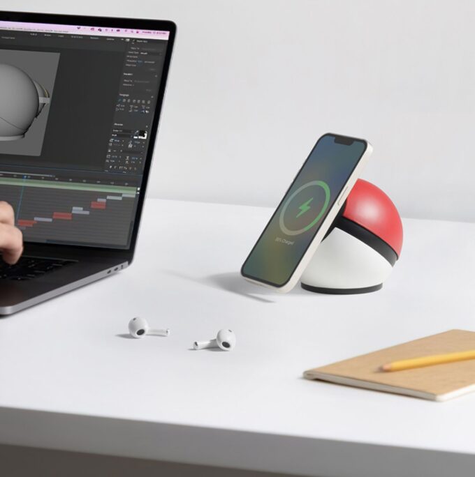 A spherical, red-and-white MagSafe charger on a desk, with an iPhone attached vertically for easy viewing.