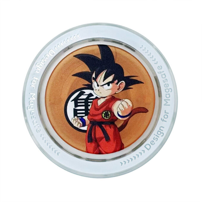 A MagSafe grip showing Goku in his classic orange outfit with a golden backdrop.