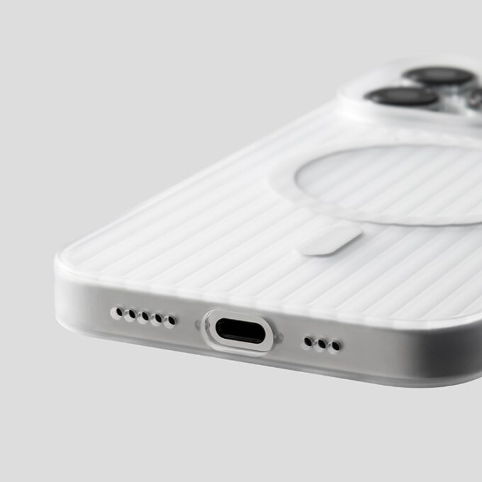 Close-up of white ridged iPhone case in use, focusing on reinforced corners and matte anti-fingerprint back.