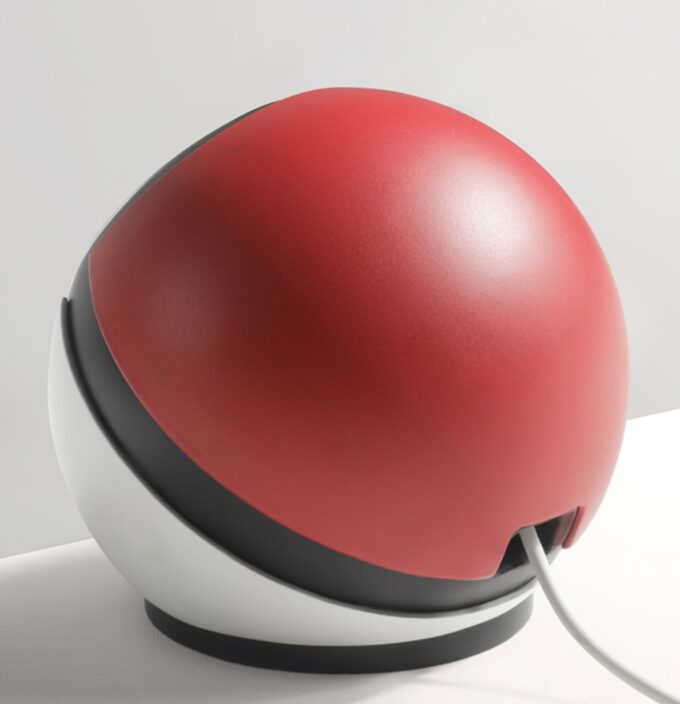 Rear view of the orb-like charger showing the cable connection and round shape on a white tabletop.