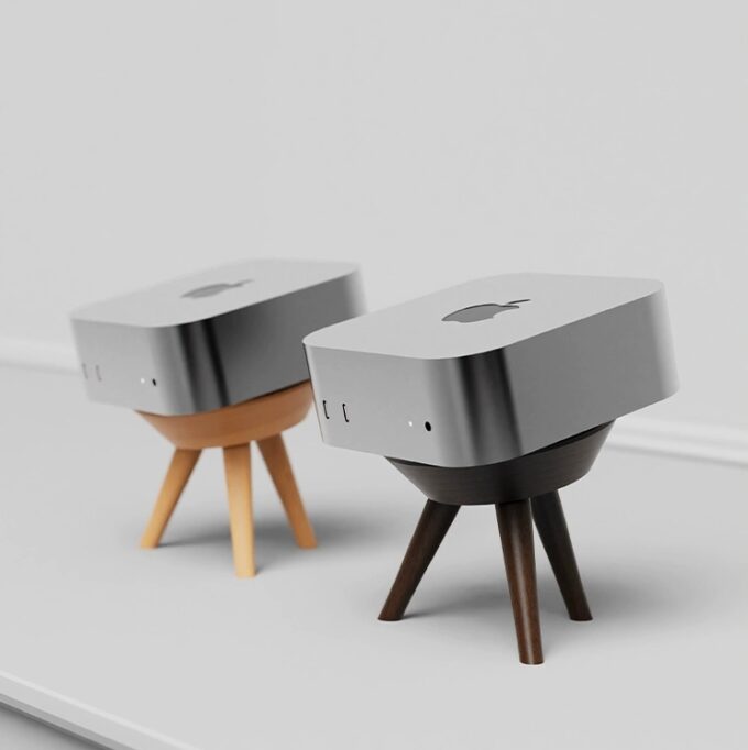 Side-by-side comparison of the Mac Mini stands in light beech and rich walnut finishes, demonstrating versatility in design.