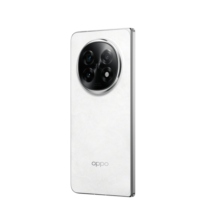 A white OPPO Find N5 smartphone featuring a textured back panel and circular camera setup.