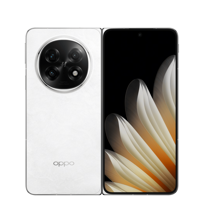 A white OPPO Find N5 smartphone with a matte finish and a circular rear camera module.