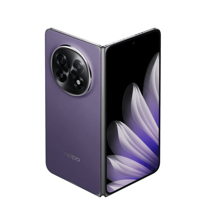 The OPPO Find N5 in purple, fully unfolded, displaying its large inner AMOLED screen with minimal bezels.