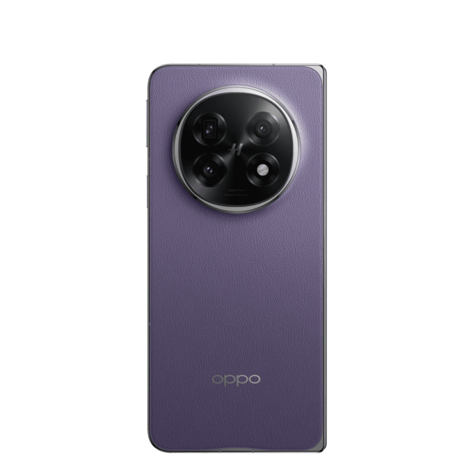 Angled view of the purple OPPO Find N5, highlighting the premium finish and rear camera placement.