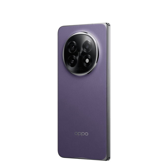 A purple OPPO Find N5 smartphone showcasing its sleek back design and circular camera module.