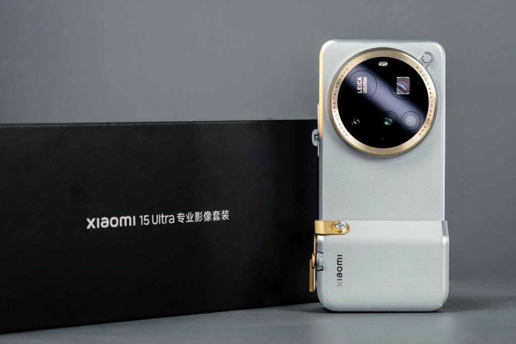 Xiaomi 15 Ultra displayed with its packaging, highlighting its large camera module and premium design.