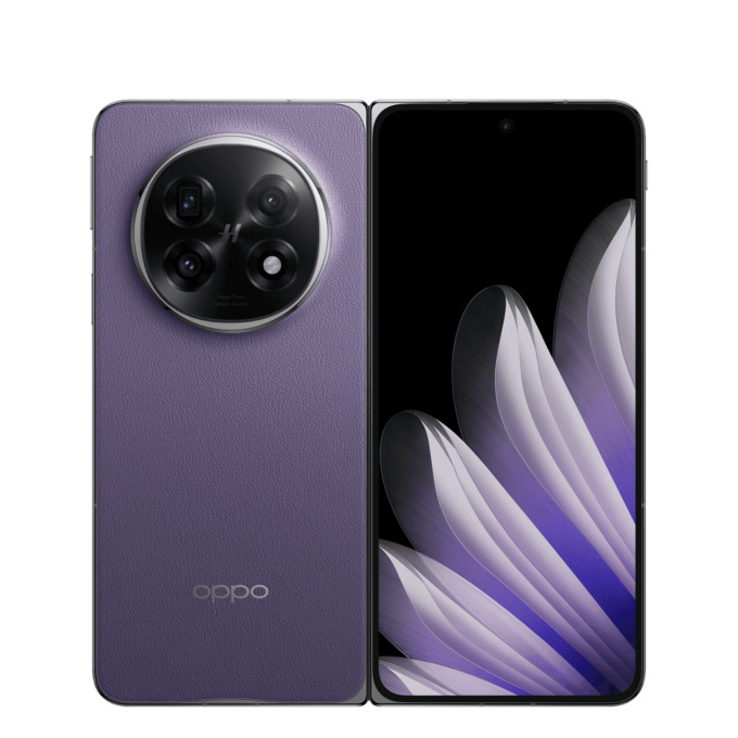 The OPPO Find N5 in purple, fully unfolded, displaying its large inner AMOLED screen with minimal bezels.